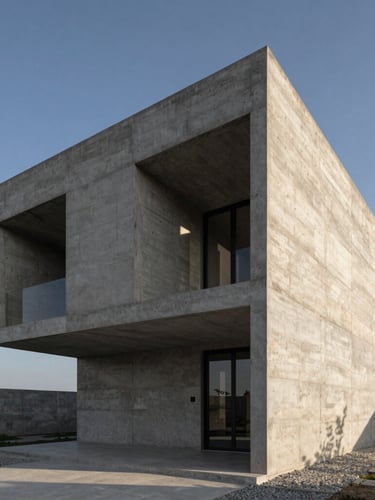 Low-angle architectural photography of a raw concrete monolithic villa under high-contrast afternoon sun, sharp geometric shadows, minimalist Turkish landscape.