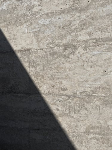 Extreme close-up of textured raw board-formed concrete wall, sharp sunlight casting deep geometric shadows across the grain, architectural detail.