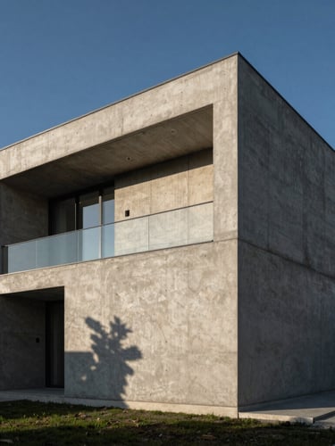 Low-angle architectural shot of a modern raw concrete villa facade under high-contrast afternoon sun, sharp geometric shadows, minimalist Turkish landscape.
