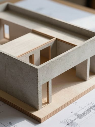 Close-up of a detailed architectural model made of wood and concrete on a technical drawing table, soft daylight highlighting structural alignments.