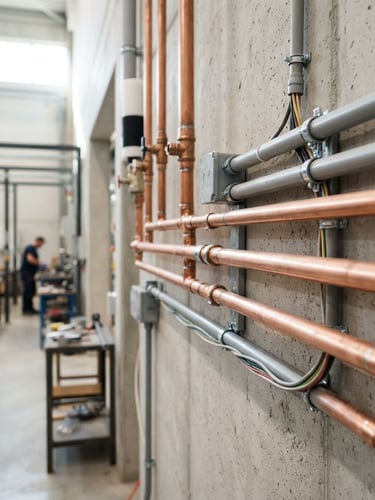 Sharp industrial photography of perfectly routed copper pipework alongside clean electrical conduit, bright natural daylight, shallow depth of field, technical precision.
