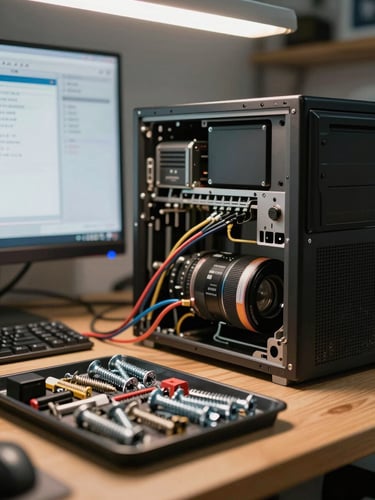 Close-up wide shot of a repair workbench mid-job — an open desktop tower with cables partially disconnected, a tray of sorted screws and connectors in the foreground, diagnostic software output visible on a monitor in the background, warm tungsten overhead light, no people in frame, documentary framing