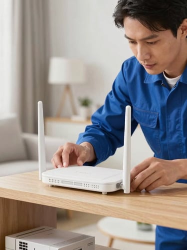 A neat, professional local technician in a blue uniform installing a sleek white fiber optic router on a wooden shelf in a bright, modern living room, soft natural daylight.