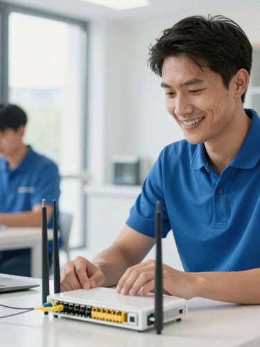 bright editorial photography of a friendly local technician in a blue polo shirt smiling next to a fiber optic router, natural daylight, authentic human moment, soft focus background, 35mm lens
