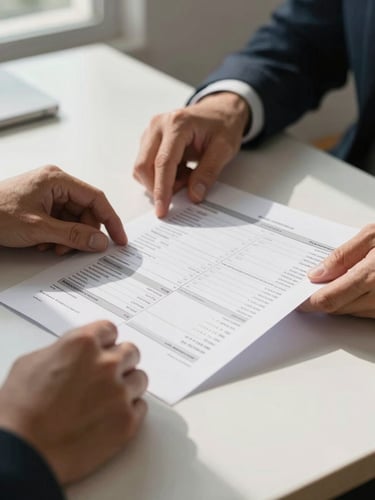 Close-up of hands spreading printed payment schedule documents on a clean desk, daylight from a side window casting natural shadows, administrative and focused