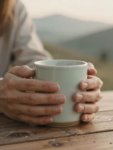 Close-up of hands holding a warm ceramic mug on a rustic wooden table, soft morning light, shallow depth of field, desaturated sage tones