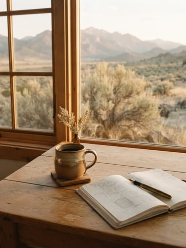 Soft morning light illuminating a quiet wooden desk with a ceramic mug and a simple linen notebook, high-desert sagebrush visible through a window, 35mm photography.