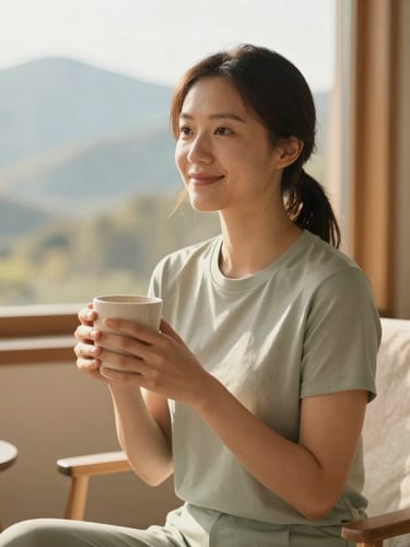 Warm editorial portrait of a wellness coach sitting in a sunlit room with natural wood accents, holding a warm mug, soft focus, 35mm.