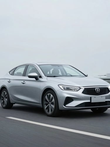 A modern silver sedan driving on a clean highway under bright overcast daylight, cool slate tones, sharp focus, 35mm