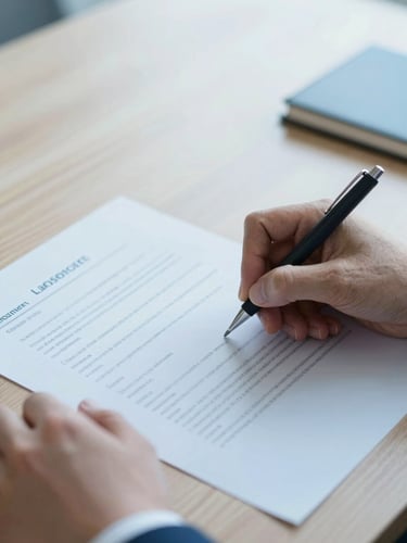 A close-up of hands signing a clean digital document on a wooden desk, soft corporate lighting, sharp focus, cool blue tones