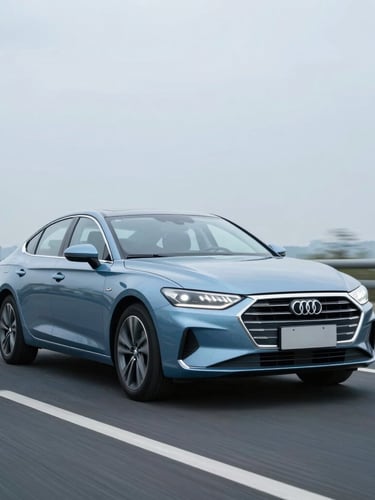 Crisp corporate photography of a modern sedan driving on a clean highway under soft overcast daylight, cool blue tones, 35mm