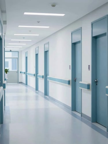 Modern bright hospital hallway with clean architectural lines, soft natural overcast daylight, professional environment