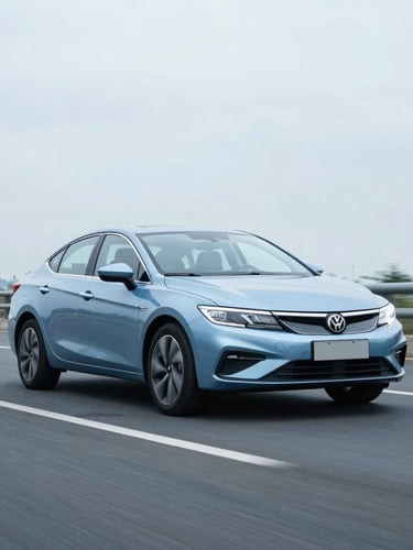A modern car driving on a clean highway under soft overcast daylight, cool blue and slate tones, sharp focus, 35mm