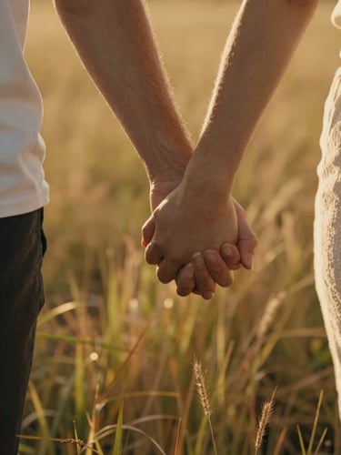 Candid close-up of a couple holding hands while walking through tall, sun-baked grass, warm golden hour light illuminating stray hairs, cinematic depth.