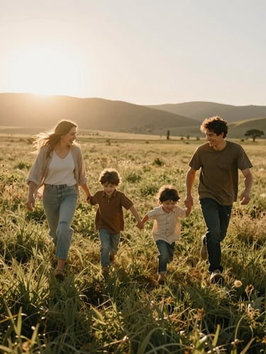 A warm, sun-drenched environmental portrait of a young family running through a wild California field at golden hour, low-angle sun flare, unposed laughter.