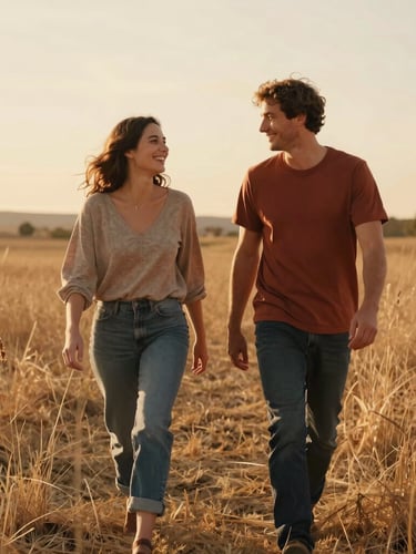 Portrait-oriented cinematic framing of a couple laughing mid-stride in a sun-drenched dry grass field, golden hour light flaring softly, warm terracotta tones, authentic unposed interaction.