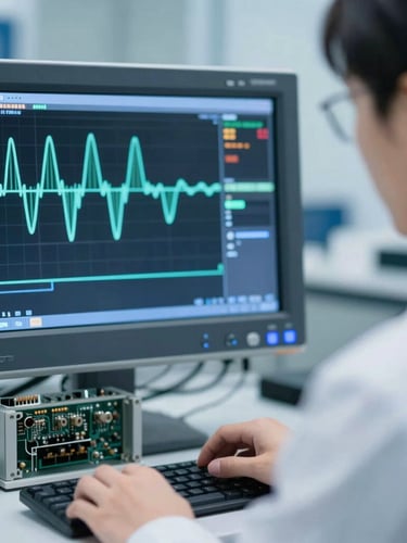 Close-up portrait of an industrial electronics engineer, focused on analyzing complex waveforms on a high-resolution oscilloscope screen, with precise, clean laboratory lighting and a cool blue tint.