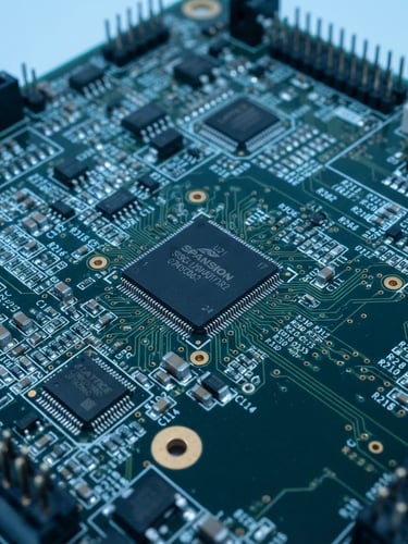 Macro close-up of a densely packed industrial PCB, sharp focus on a specific microchip, cool blue lighting, high depth of field, clean laboratory setting.