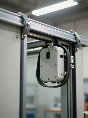 Extreme close-up of the interior mechanism of a commercial automatic sliding door — steel track, drive belt, and sensor housing exposed, bright overhead workshop lighting revealing every component in sharp detail, no people, documentary framing