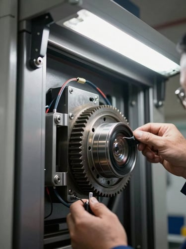 Extreme close-up of an automatic sliding door's internal drive mechanism — steel gears, wire harness, and sensor bracket under bright overhead industrial lighting, hands of a technician mid-diagnosis visible at the edge of the frame, precise documentary framing