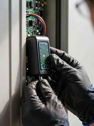 Extreme close-up of a technician's gloved hands holding a door proximity sensor against a steel frame interior, bright north-facing daylight illuminating the circuit board detail, wiring visible in the background, no faces
