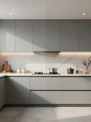 Architectural photography, split screen comparison of a photorealistic 3D render on the left and the finished luxury kitchen on the right, perfect symmetry, 35mm