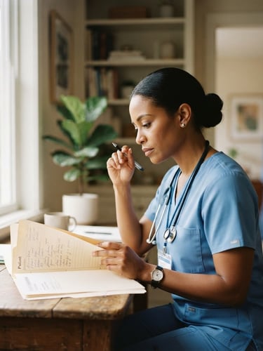 A professional female registered nurse of diverse background in clean clinical scrubs thoughtfully reviewing a patient file by a window with soft natural light, warm editorial healthcare photography, 35mm