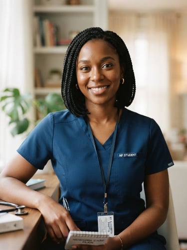 A close-up portrait of a dark-skinned African American female nurse practitioner student in clean, dark blue clinical attire, looking warm and professional, soft natural window light, elegant home background, shallow depth of field, 35mm