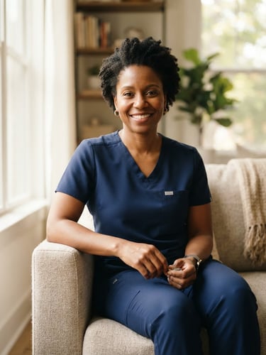 Editorial portrait of a professional African American female nurse with dark skin, wearing crisp clinical scrubs, smiling warmly in a beautifully lit modern home setting, soft natural window light, shallow depth of field, 35mm.