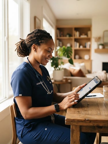 A professional female registered nurse of African American descent with dark skin, wearing crisp navy blue scrubs, holding a clinical tablet in a warm, beautifully lit modern home setting, soft natural window light, shallow depth of field