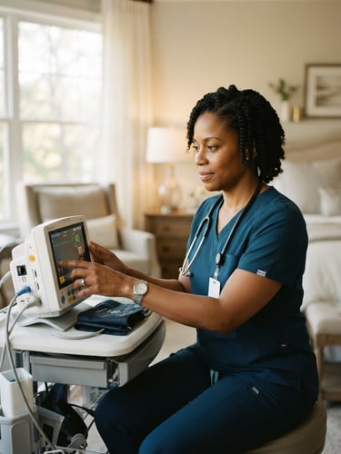 A professional African American female registered nurse in clean scrubs adjusting a clinical monitor with warm natural window light in an elegant home, shallow depth of field