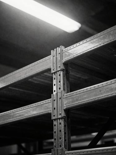 Tight macro shot of heavy raw metal shelving in a dimly lit warehouse, harsh overhead spotlight, deep shadows, 35mm film style
