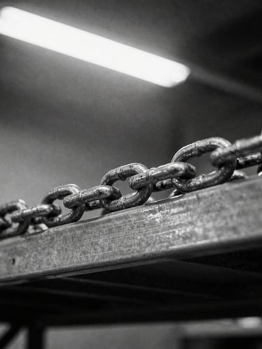 Tight macro shot of raw metal shelving and heavy steel chains in a low-key, high-contrast industrial warehouse, sharp focus, 35mm film