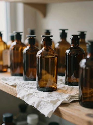 A close-up of amber glass bottles and fresh white linens resting on a rustic wooden shelf in a sunlit studio, warm 35mm photography