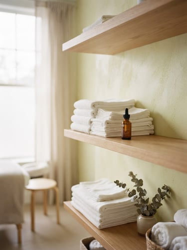 A quiet corner of a serene, minimalist beauty studio with warm wooden shelving, clean folded white linens, and a single amber glass bottle catching soft natural window light, muted organic tones, 35mm photography