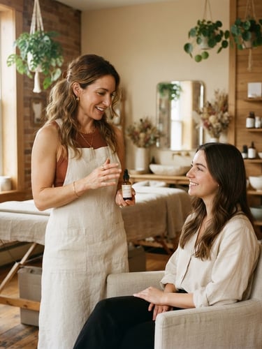 Medium environmental portrait of a professional esthetician and hair stylist in a serene, sunlit studio with warm wood accents, 35mm photography