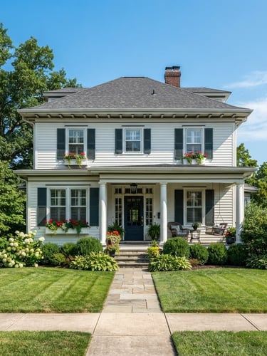 Crisp architectural photography of a classic Northern Kentucky residential exterior in bright natural daylight, clean blue sky, sharp focus, 35mm lens.