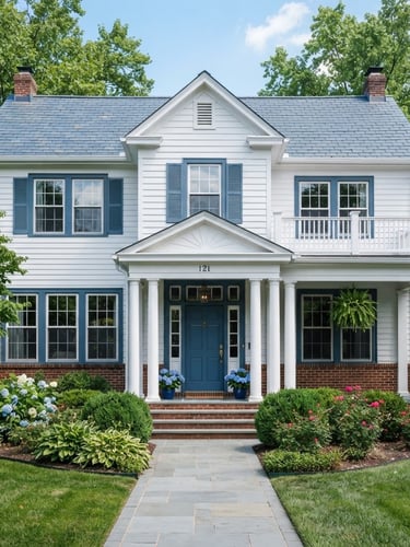 A straight-on eye-level photograph of a classic Northern Kentucky home exterior in bright daylight, clean blue and white tones, sharp focus.