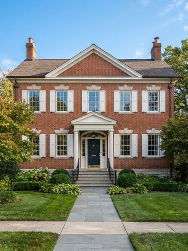 Straight-on architectural photograph of a classic Northern Kentucky brick home exterior in bright, clear morning daylight, sharp focus