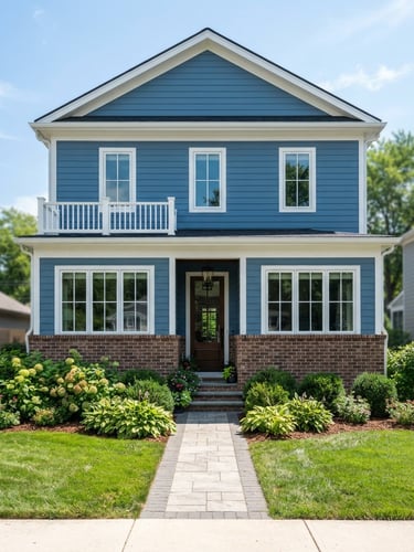 Straight-on eye-level view of a clean, modern home exterior showing a solid brick foundation and crisp blue siding, bright natural daylight, 35mm lens.