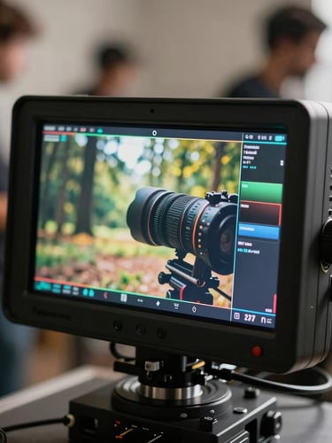 Close-up of a high-end production monitor displaying a vibrant, color-graded scene on set, shallow depth of field, crew blurred in background