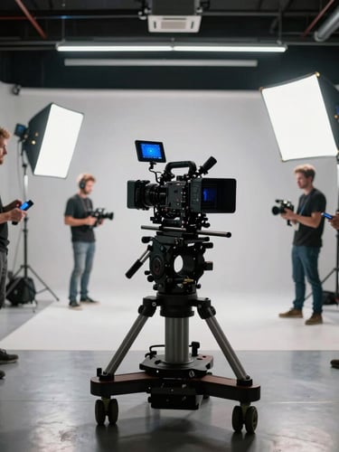 Wide-angle behind-the-scenes photograph of a television crew filming in a modern London studio, high-contrast cinematic lighting with sharp blue key lights, a high-end camera rig on a dolly in the foreground.
