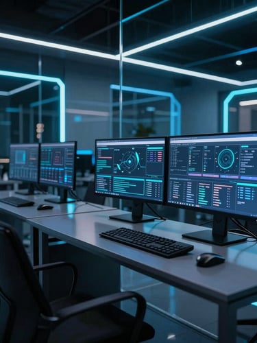 Wide shot of a high-end workspace with multiple monitors displaying data visualizations, sharp neon-blue light reflecting off glass surfaces, ultra-modern tech aesthetic, 35mm lens.