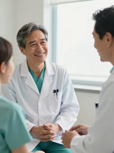 Médico urologista profissional em seu consultório moderno, sorrindo e conversando com empatia com um paciente de meia-idade, iluminação natural suave vinda da janela.