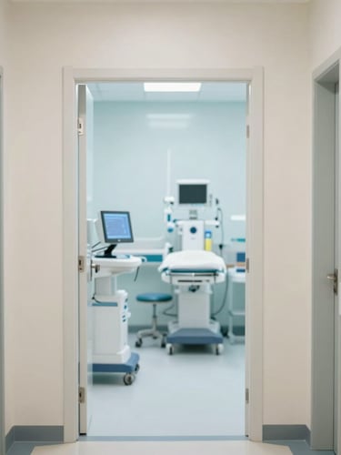 A modern, clean clinical corridor with soft natural daylight filtering in, high-tech medical equipment visible through a glass door, professional and reassuring atmosphere.