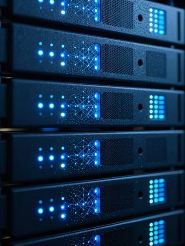 Close-up macro shot of dark blue server racks with glowing electric cyber-blue LED indicator lights, high-contrast digital network node, 35mm photography