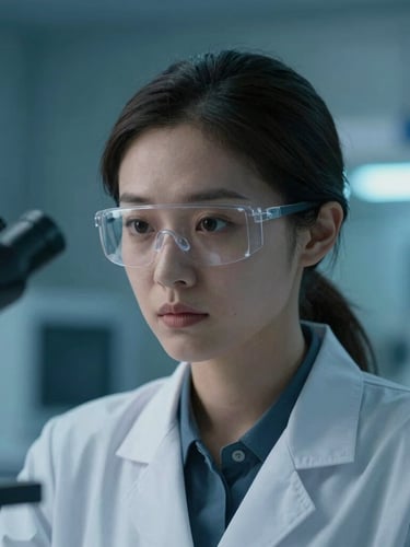 Cinematic medium close-up of a focused female laboratory researcher in a sterile modern facility, cool blue and teal ambient lighting, 35mm.