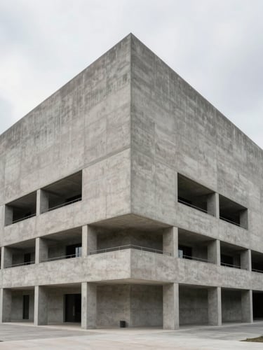 Symmetrical wide angle architectural elevation of a massive raw concrete building under high-contrast overcast daylight, clean lines, minimalist structure