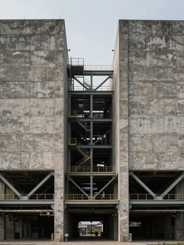 Symmetrical wide architectural elevation of a massive raw concrete and steel industrial facility under overcast morning light.