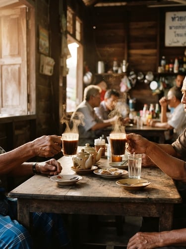 A warm morning tea gathering at a local wooden coffee shop in Pattani, soft golden-hour sunlight filtering through the window, hands holding traditional glasses, steam rising, authentic local atmosphere, 35mm photography
